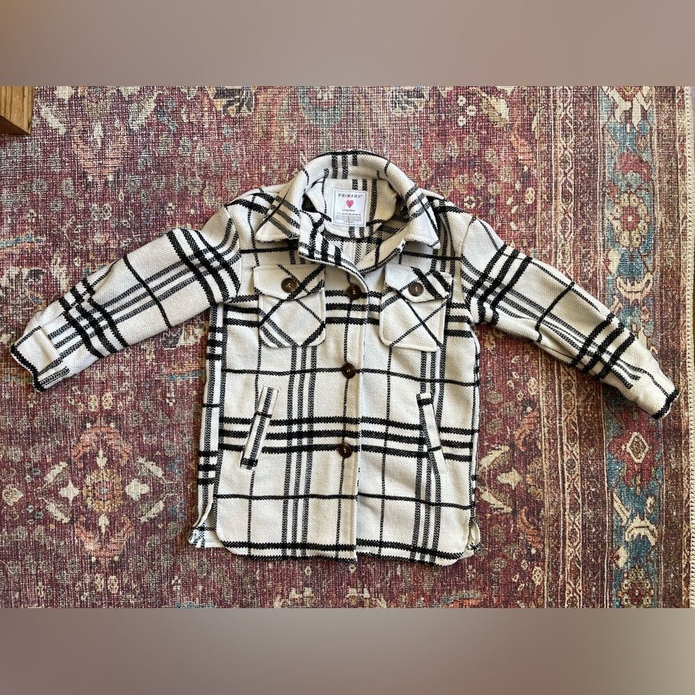 8-9 Primark Stylish Girls Plaid Button up Jacket - Black and White with pockets